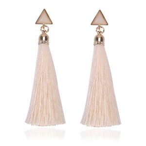 Geometric Triangle Long Tassel Earrings White